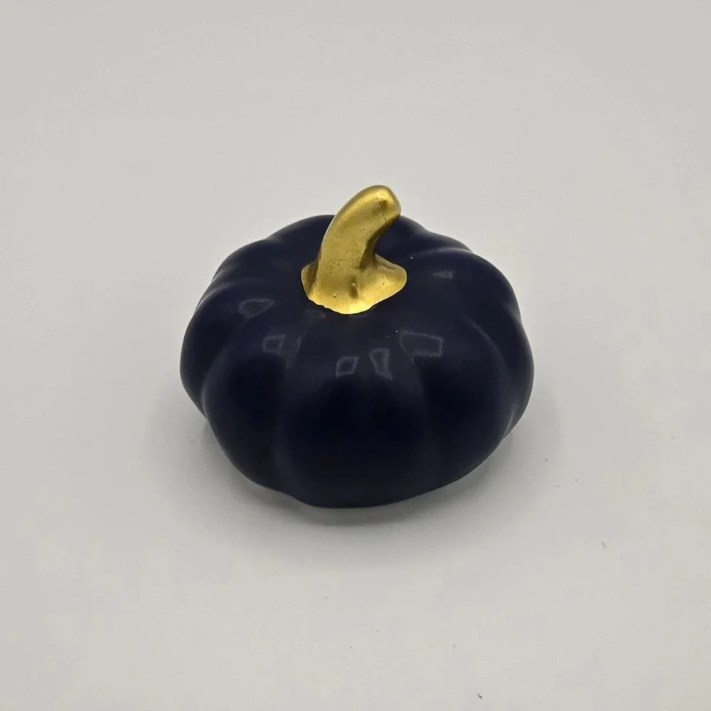 Small Navy Blue Ceramic Pumpkin Figurine Gold Color Stem‎